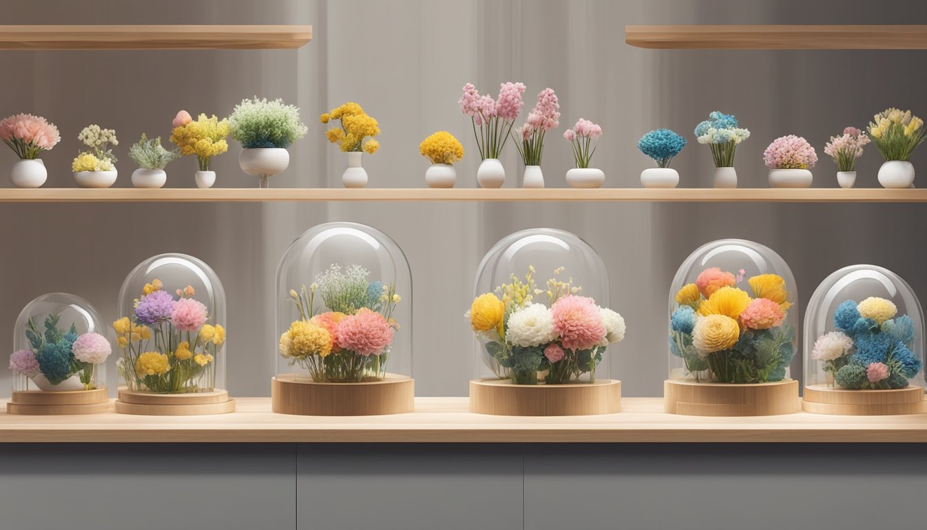 A display of preserved flowers in glass domes, arranged on wooden shelves in a bright and modern floral boutique in Singapore