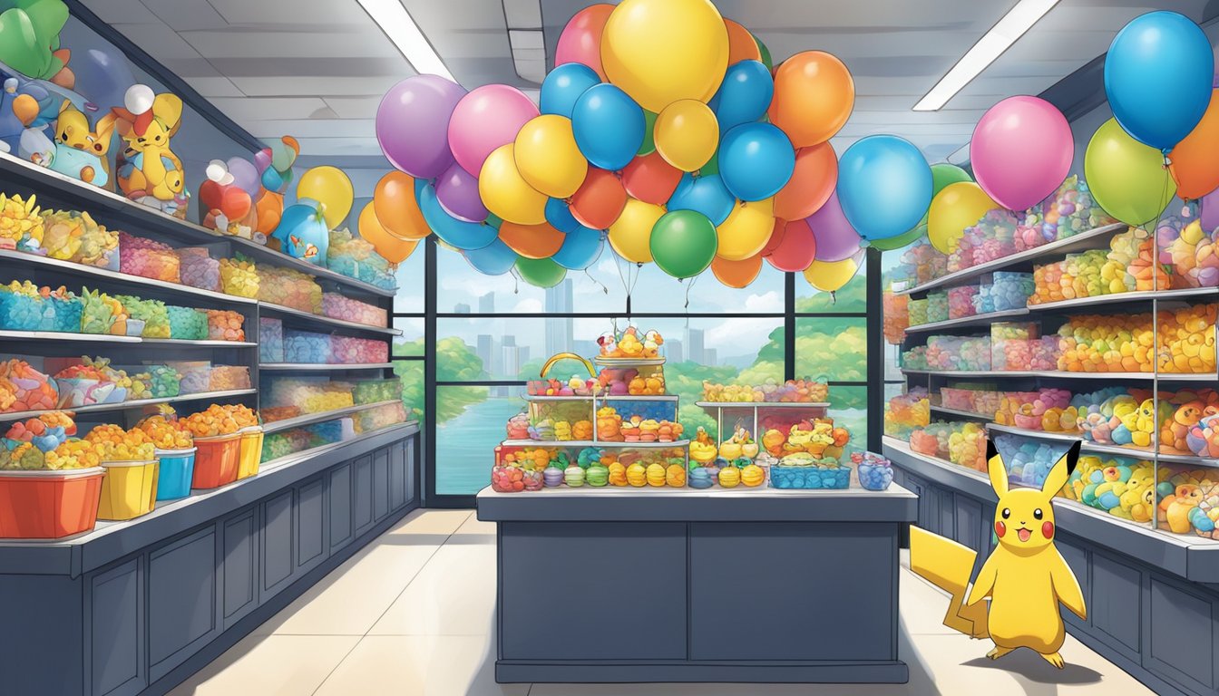 Colorful Pokemon party supplies fill the shelves of a vibrant shop in Singapore, featuring balloons, banners, and tableware