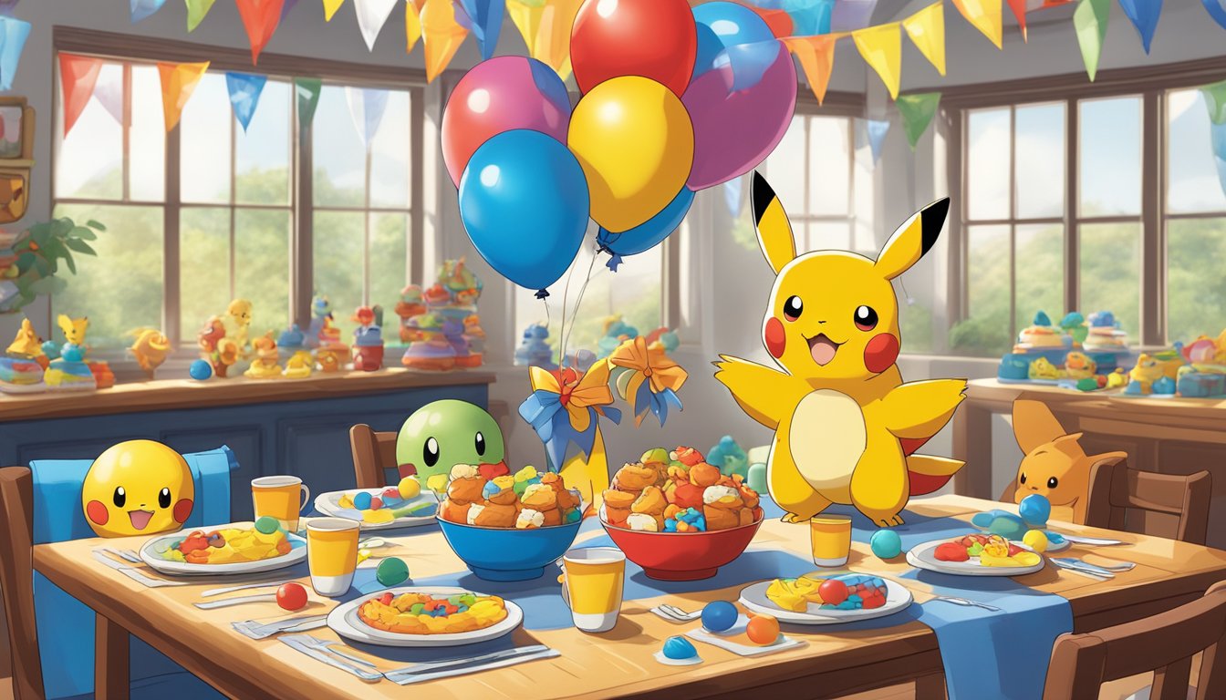 A table set with Pokemon-themed plates, cups, and napkins. Balloons and streamers in red, blue, and yellow decorate the room. A Pokemon cake sits in the center, surrounded by plush Pikachu and Charmander toys
