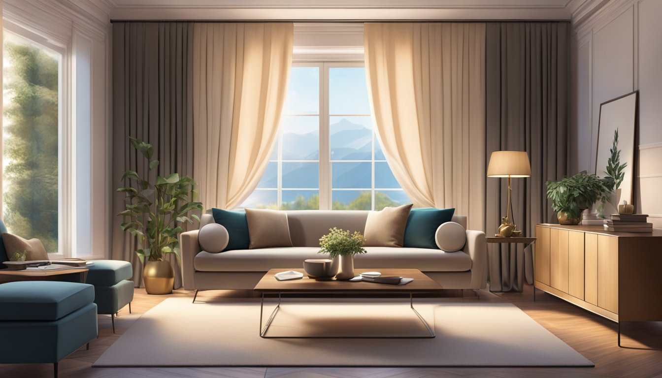 A cozy living room with stylish ready-made curtains, soft lighting, and plush furniture. The curtains are elegantly draped, adding a touch of sophistication to the room