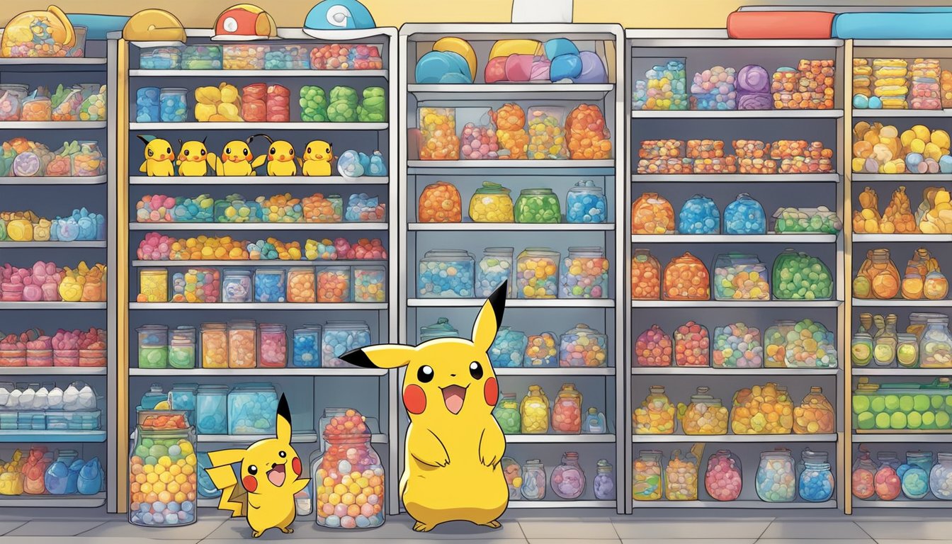 A colorful display of Pokemon party supplies arranged on shelves in a store in Singapore. Signs indicating "Frequently Asked Questions" and "Where to buy" are visible