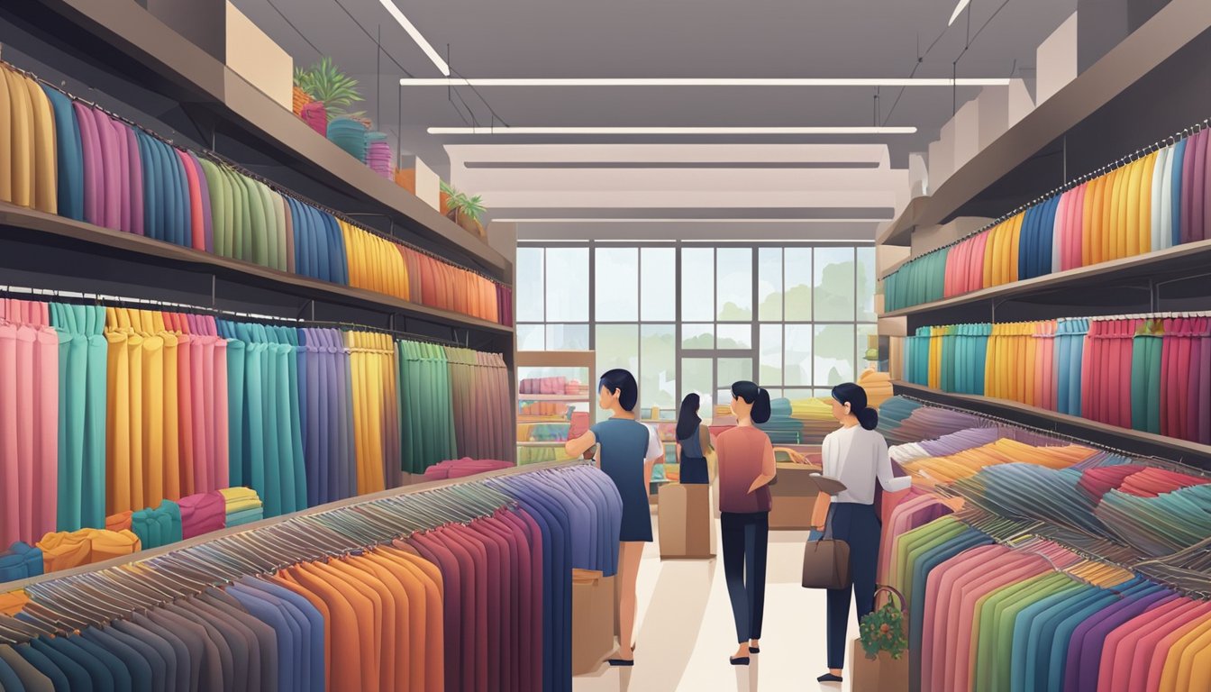 A bustling fabric store in Singapore, with shelves stocked with colorful ready-made curtains. Customers browsing and discussing options with staff