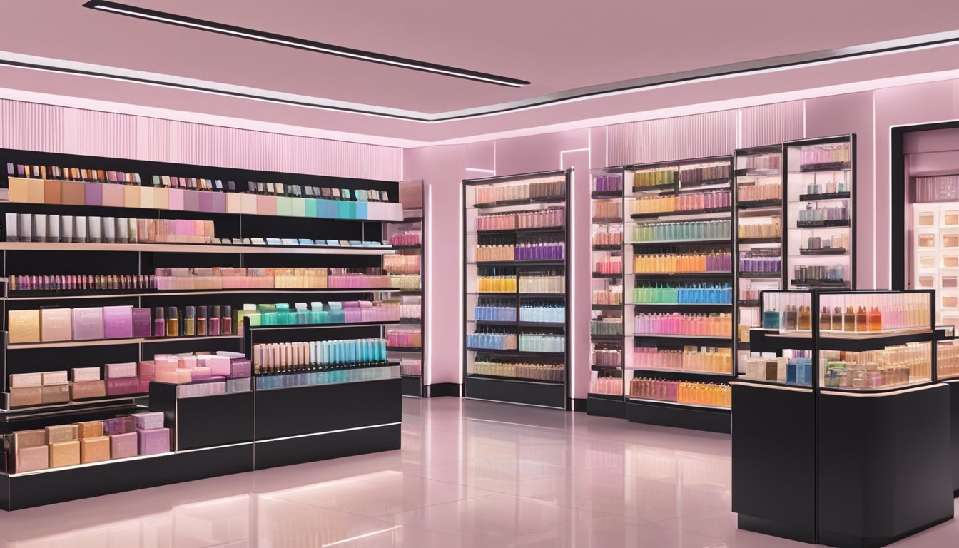 Anastasia Beverly Hills products displayed in a well-lit, modern cosmetics store in Singapore. Brightly colored packaging catches the eye, with neatly arranged shelves and knowledgeable staff assisting customers