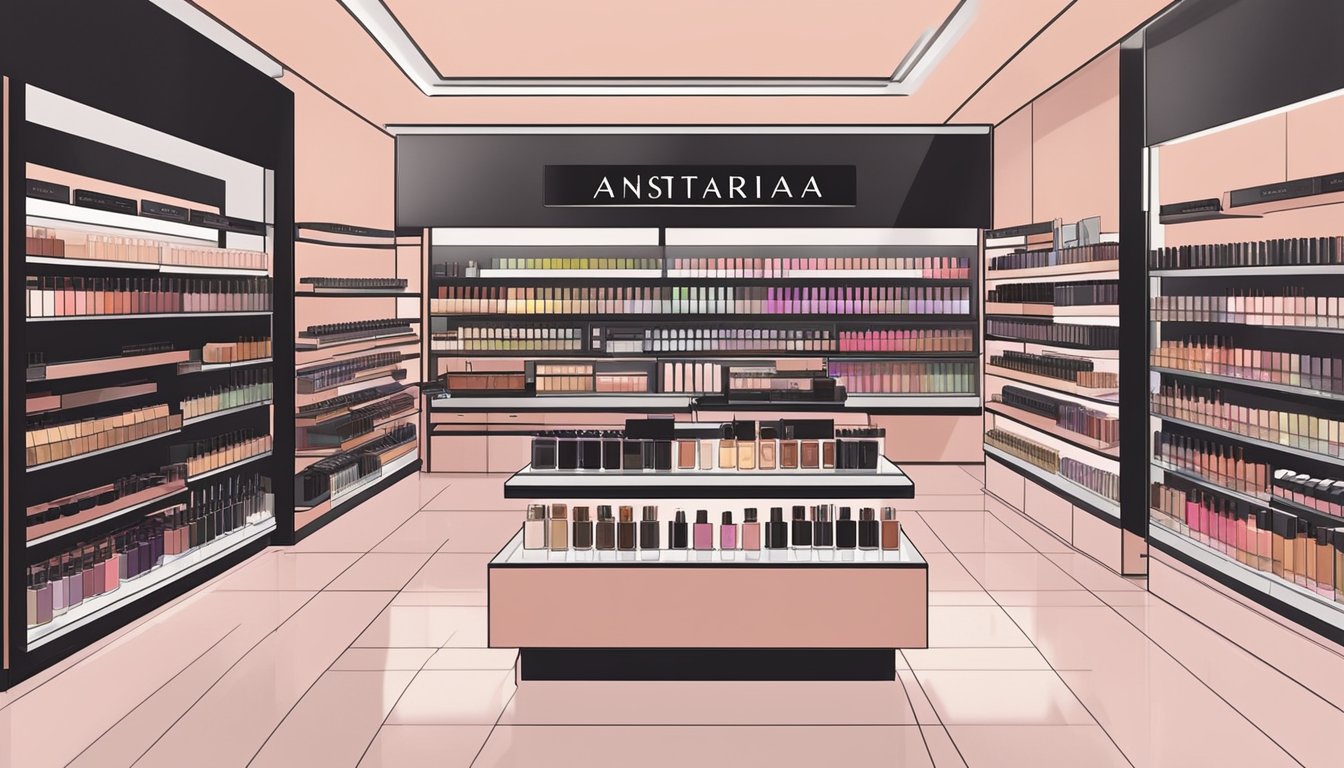 A makeup counter displays Anastasia Beverly Hills products in a Singapore beauty store. Shelves are neatly organized with various makeup items and a sign indicates the brand's availability