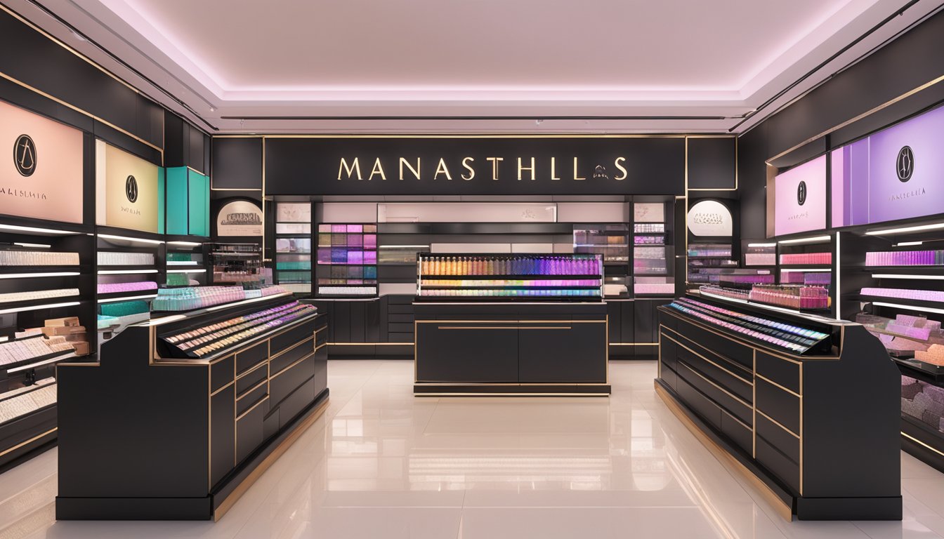 A display of Anastasia Beverly Hills makeup products in a Singapore store, featuring the brand's logo and highlighting where to purchase the collection