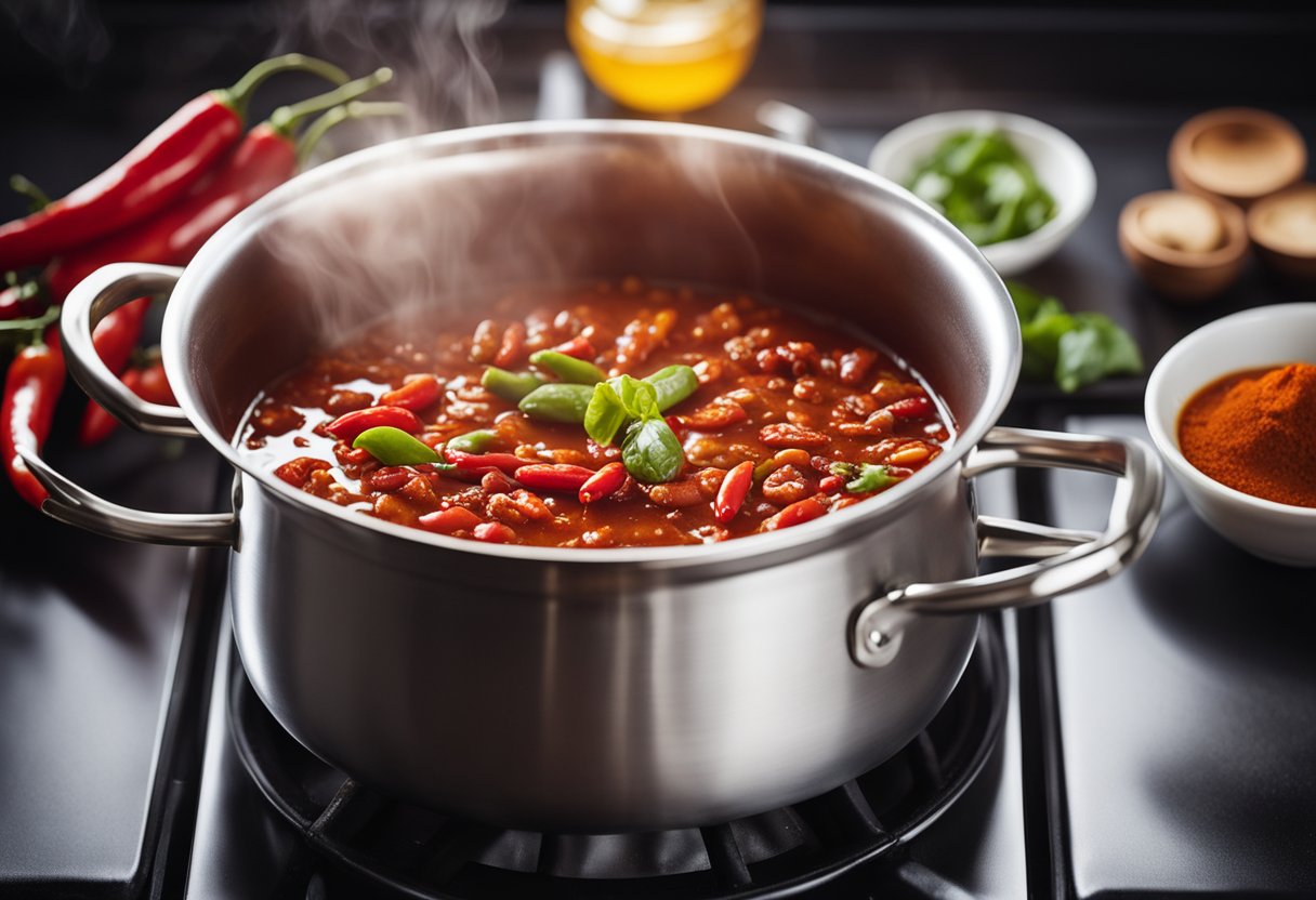 A steaming pot of homemade Chinese chili sauce simmers on the stove, filled with vibrant red chilies and aromatic spices