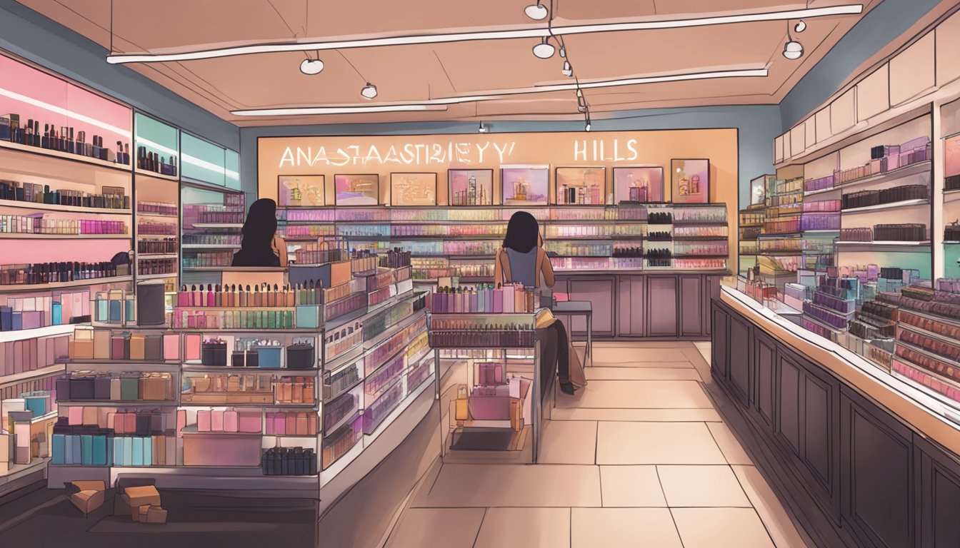 A bustling makeup store in Singapore displays Anastasia Beverly Hills products with a "Frequently Asked Questions" sign. Shoppers browse the shelves