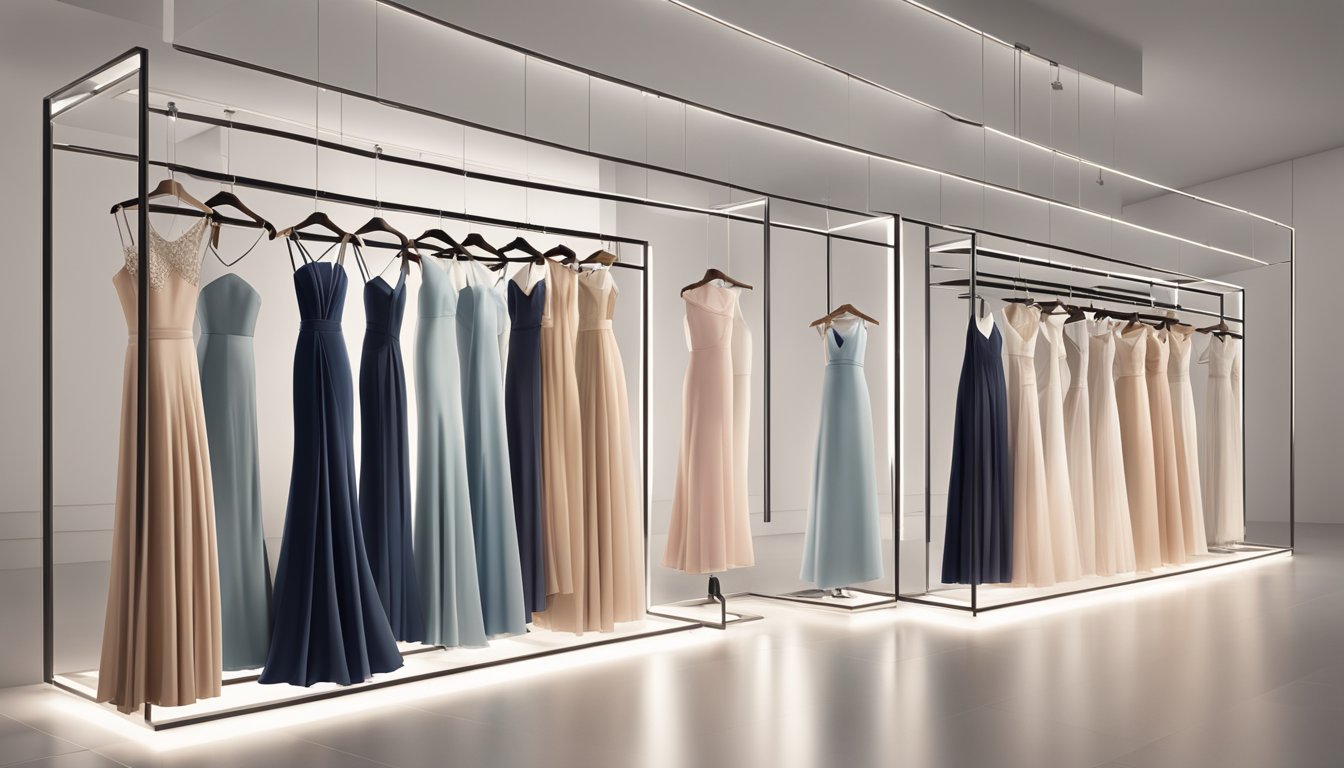 A display of elegant Forever New dresses arranged on a sleek, modern rack, with soft lighting highlighting the intricate details of each garment