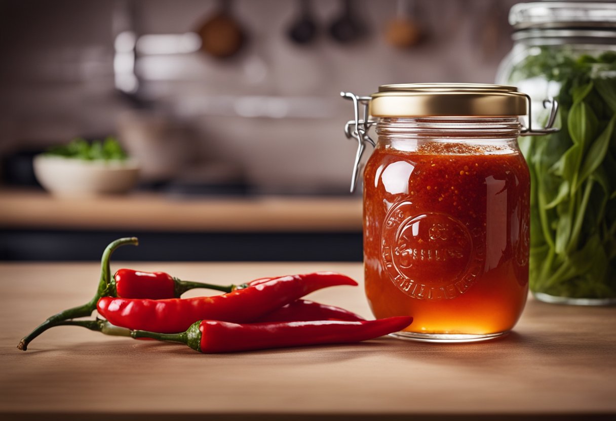 A glass jar filled with homemade Chinese chili sauce sits on a kitchen counter, sealed with a lid to preserve its vibrant red color and spicy aroma