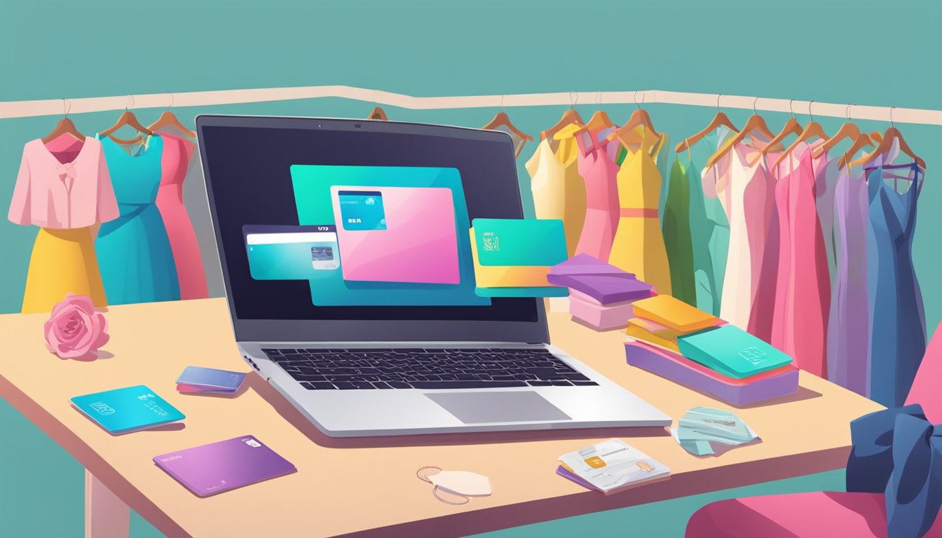 A laptop open on a table, with a colorful array of Forever New dresses displayed on the screen. A hand reaching for a credit card nearby