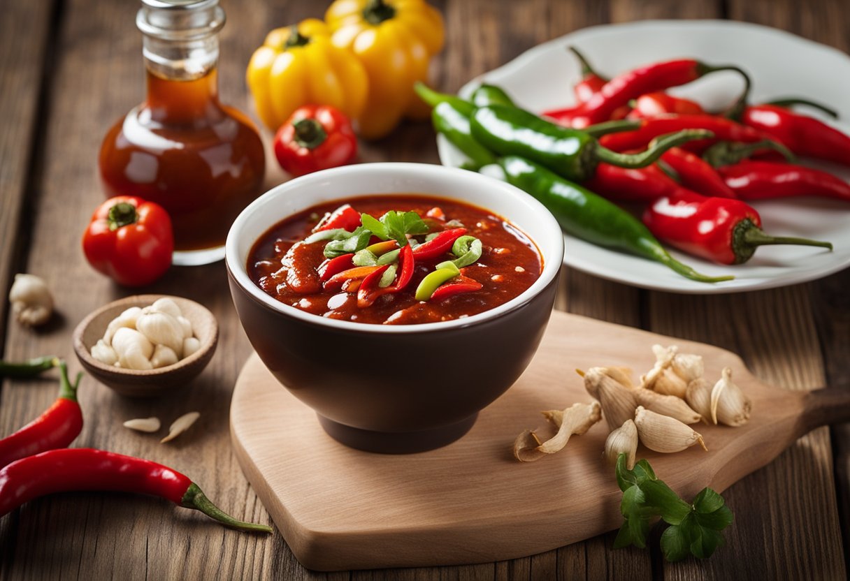 A small dish of homemade Chinese chili sauce sits on a wooden table, surrounded by fresh chili peppers, garlic cloves, and ginger slices