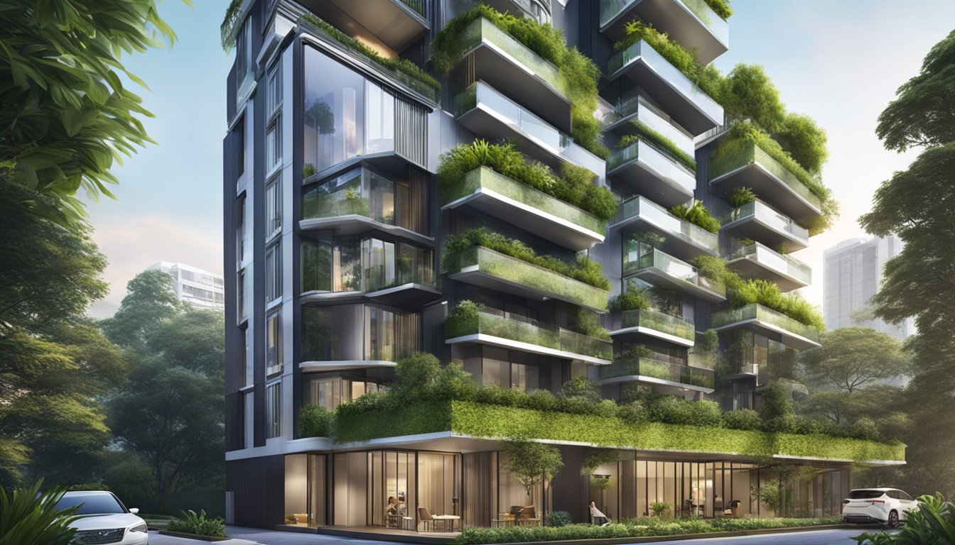 A modern apartment building in Singapore with a sleek, glass exterior and a lush, green rooftop garden
