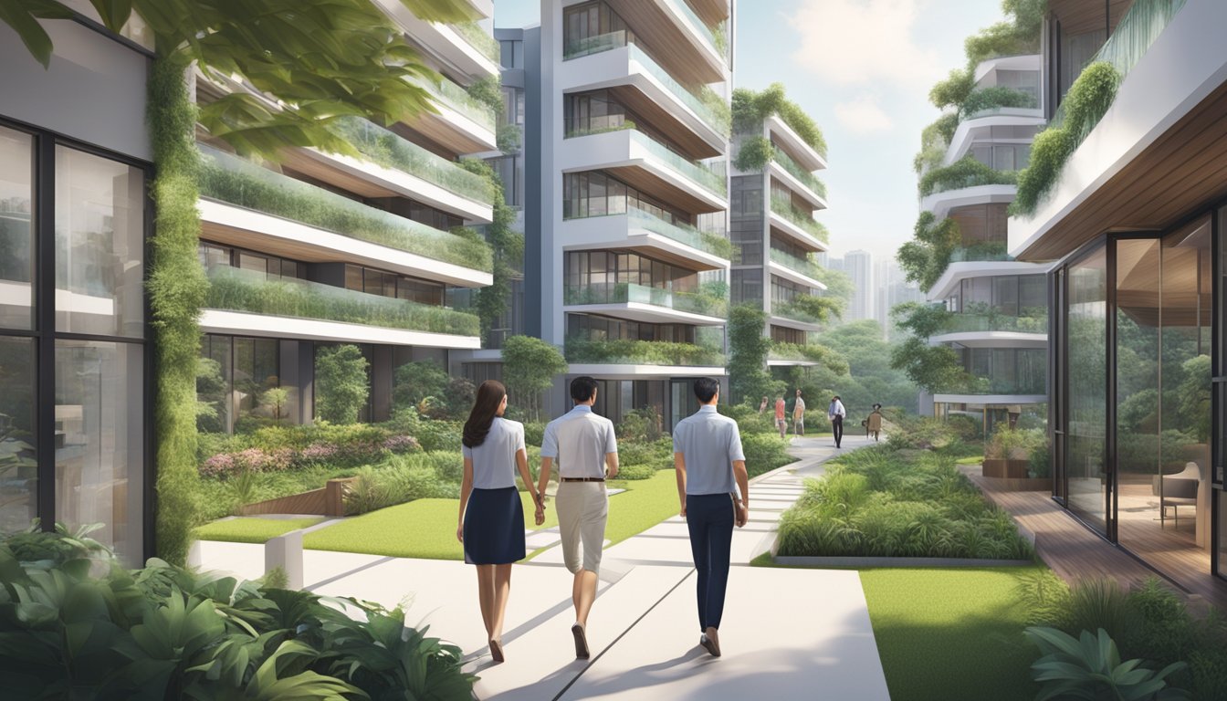 A couple walks through a modern apartment complex in Singapore, surrounded by lush greenery and sleek architecture, while a real estate agent shows them various units