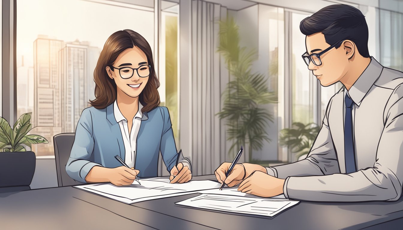 A person signs a contract while a real estate agent explains financial details for buying an apartment in Singapore