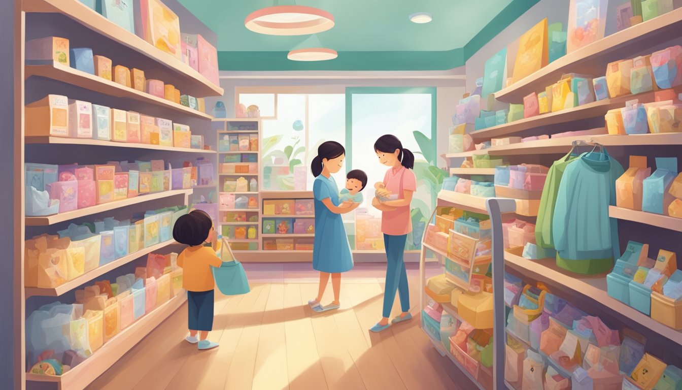 A cozy, well-lit baby store in Singapore with shelves of colorful baby posters and a friendly salesperson assisting a customer