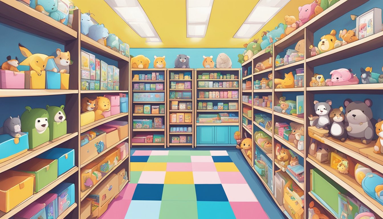 A bright and cheerful baby poster shop in Singapore, filled with colorful and adorable designs. Shelves are lined with a variety of posters featuring cute animals, playful characters, and heartwarming quotes