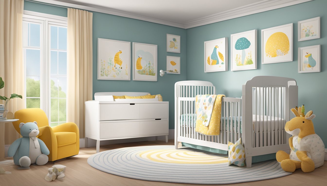 A cozy nursery with colorful baby posters adorning the walls, adding a touch of whimsy and charm to the room