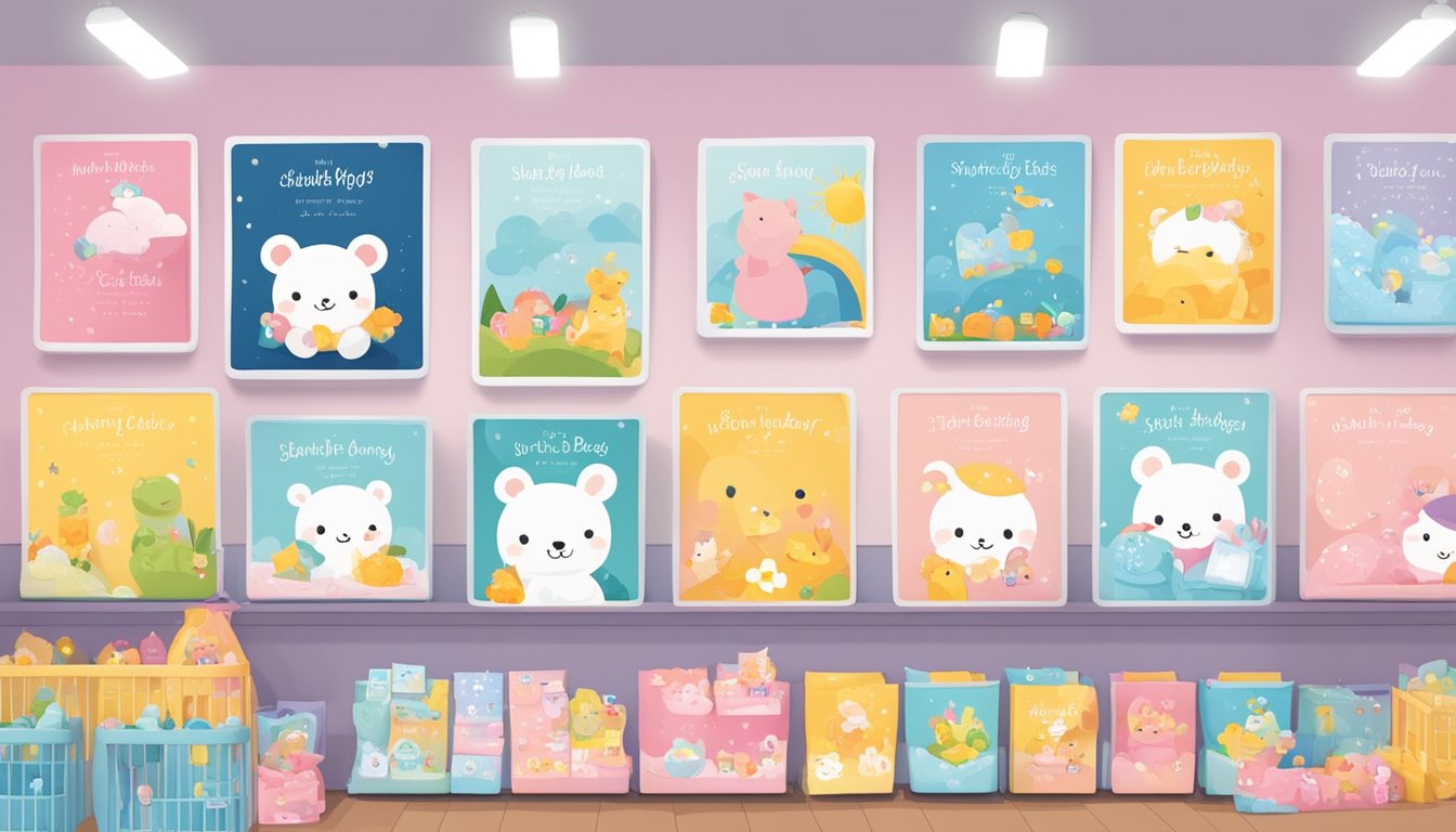 A colorful display of baby posters in a Singaporean store, with various designs and sizes available for purchase