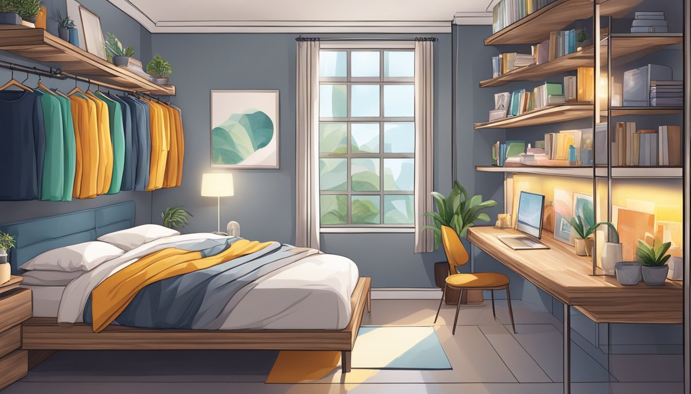 A cozy bedroom with shelves of colorful bedding at a store in Singapore. Bright lights and a clean, modern aesthetic