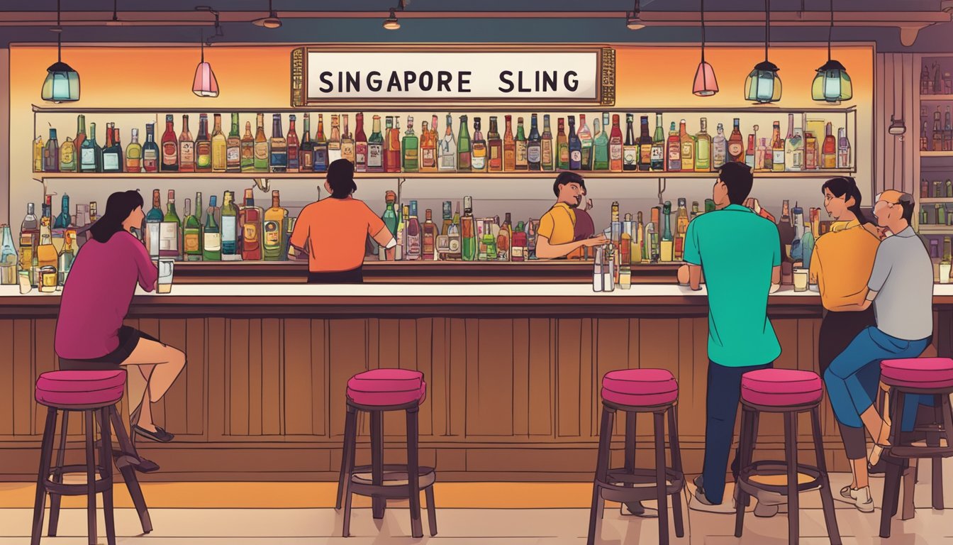 A bustling bar with a sign advertising "Singapore Sling" above the counter. Customers sit at high tables, chatting and sipping colorful cocktails