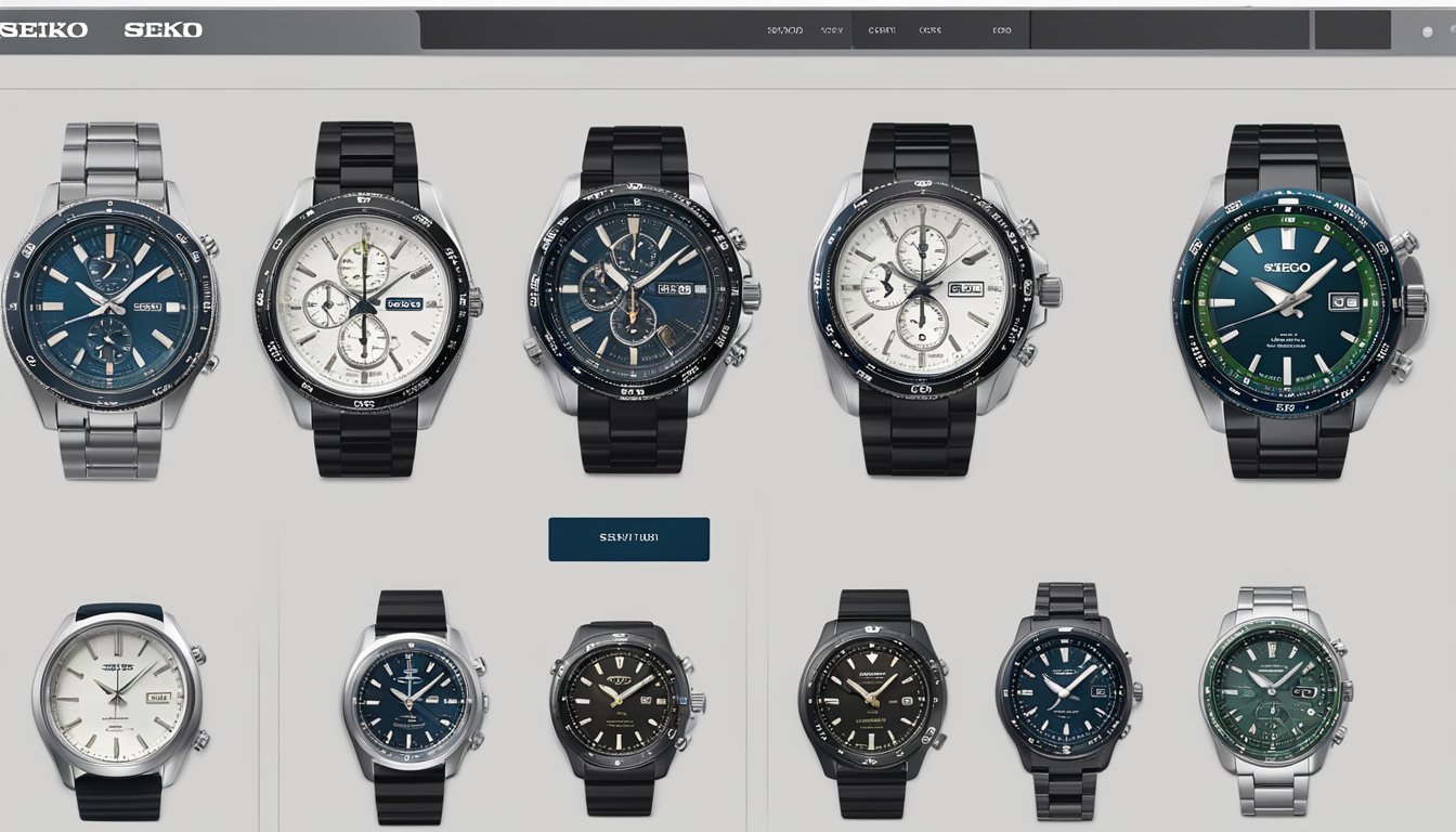 A computer screen displaying a variety of Seiko watches on an online retailer's website. The website's logo and navigation bar are visible at the top of the screen