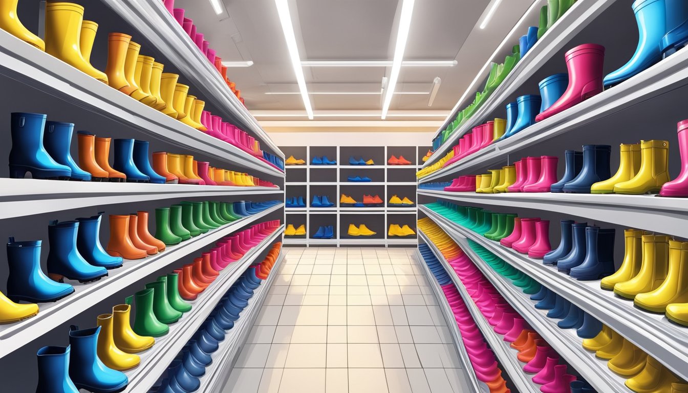 A display of rubber boots in a brightly lit store in Singapore, with shelves neatly organized and various styles and colors available for purchase