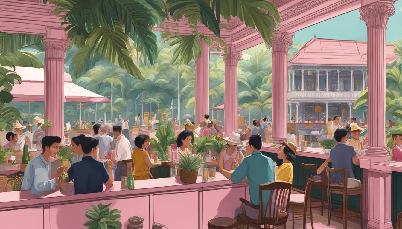 A bustling bar in colonial Singapore, with patrons sipping on the iconic pink cocktail, surrounded by lush tropical plants and elegant colonial architecture