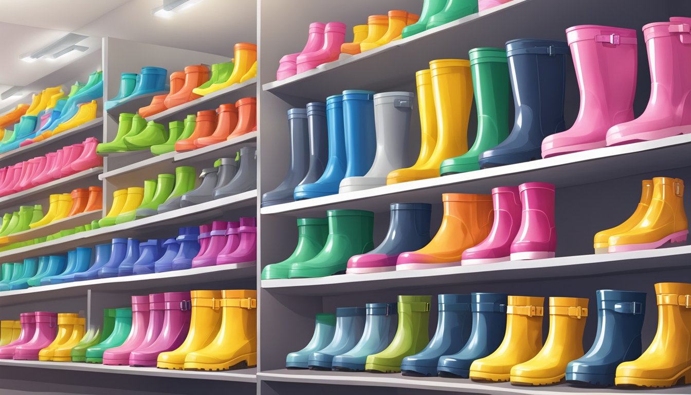 A display of colorful rubber boots in a well-lit store in Singapore, with various sizes and styles neatly arranged on shelves