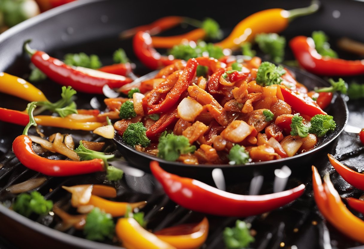 A wok sizzles as red chili peppers and garlic fry in oil. Vinegar and sugar are added, creating a fragrant, spicy sauce