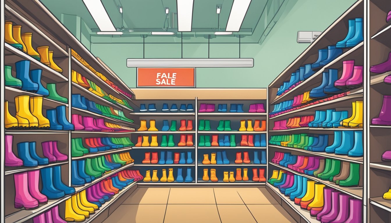A display of rubber boots in a well-lit store, neatly arranged on shelves with various sizes and colors, with a sign indicating "Rubber Boots for Sale" in Singapore