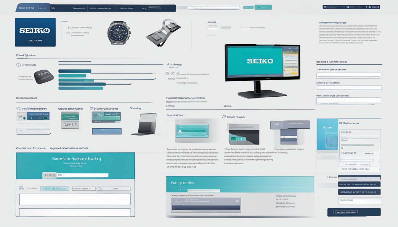 A computer screen displaying a website with the Seiko logo and a list of frequently asked questions about buying Seiko products online