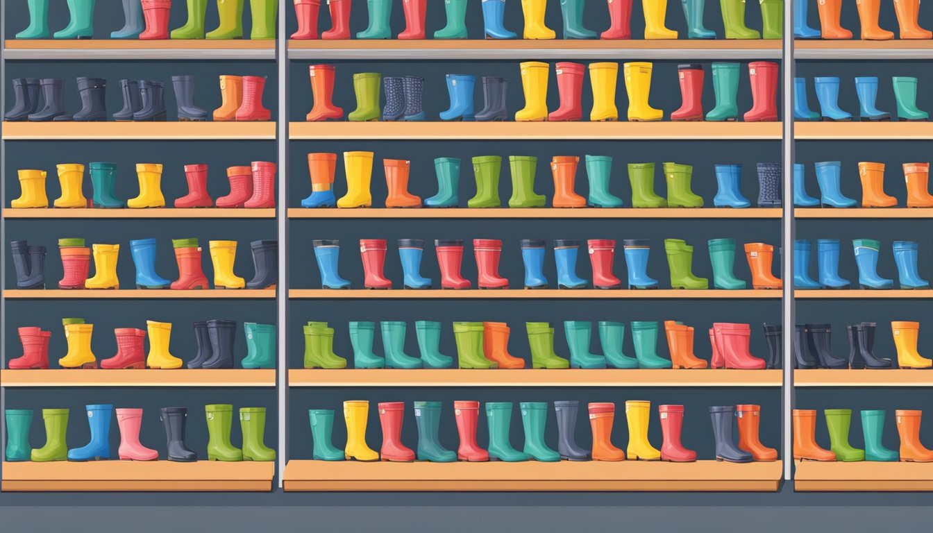 A display of rubber boots in a Singapore store, with various sizes and colors neatly arranged on shelves