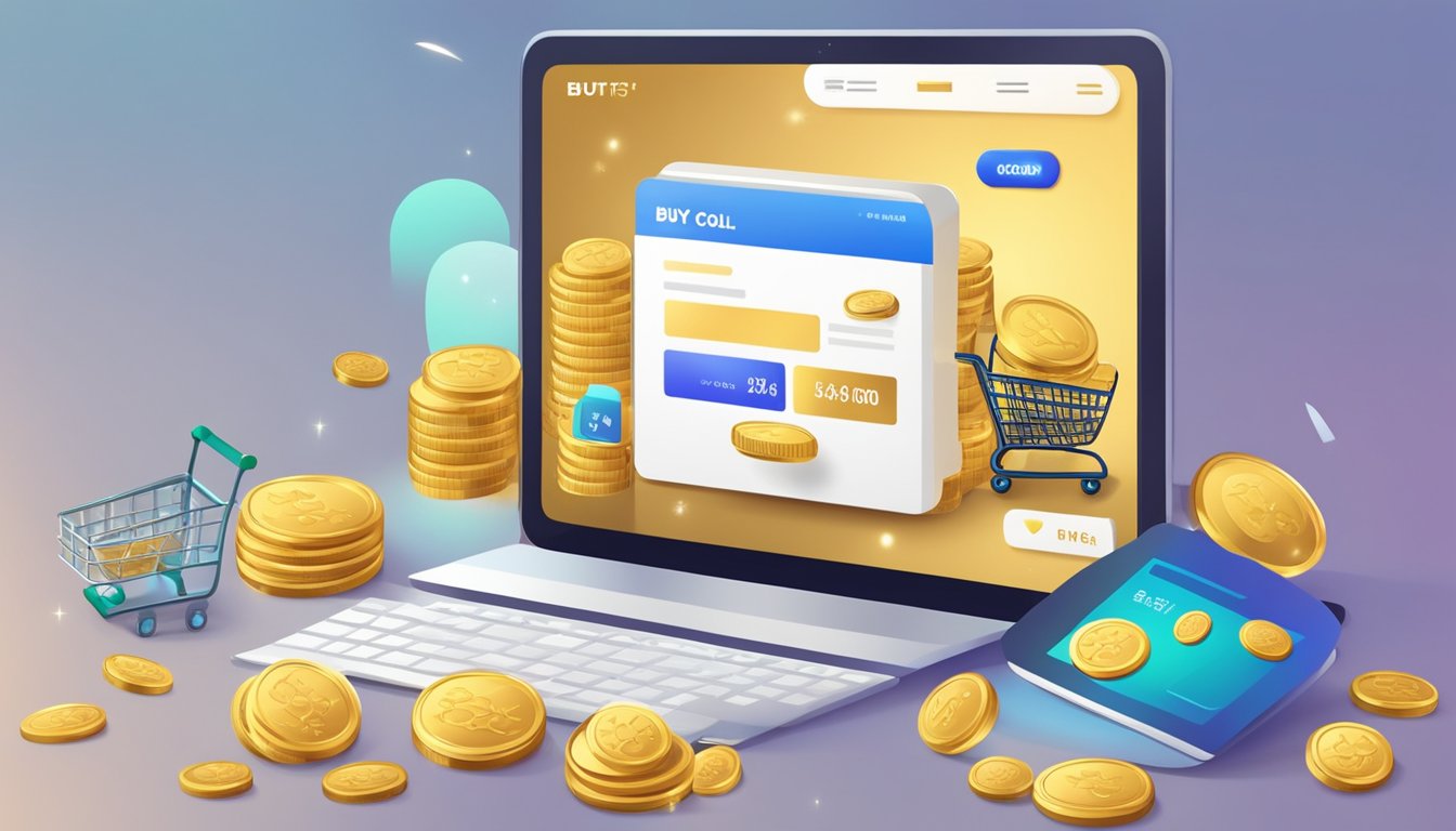 A computer screen displaying a gold biscuit for sale with a "buy now" button. An online shopping cart and credit card are visible in the background