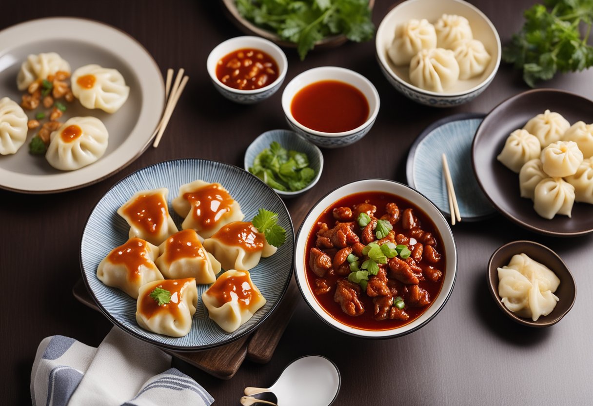 A bowl of homemade Chinese chili sauce sits next to a plate of dumplings, with a pair of chopsticks resting on the side