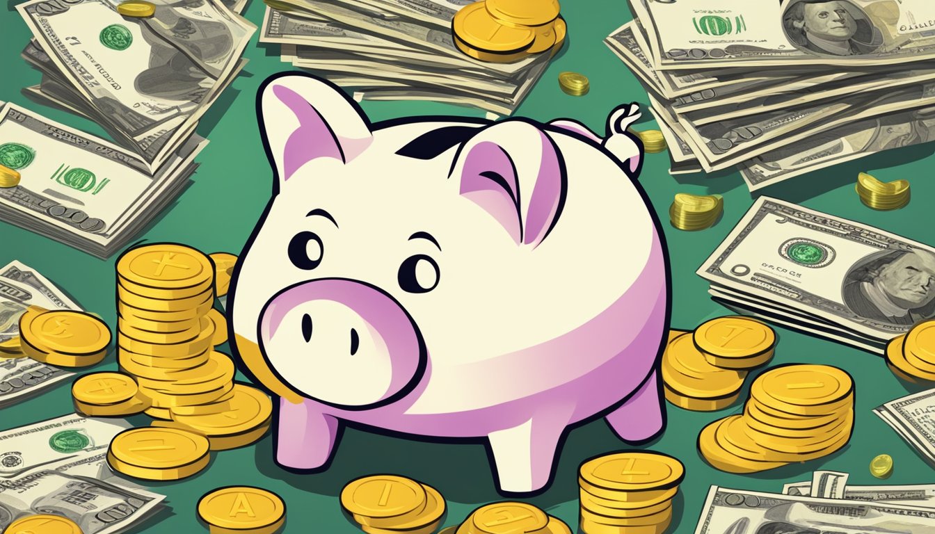 A stack of gold coins surrounded by dollar bills, a piggy bank, and a calculator. A bank logo prominently displayed in the background