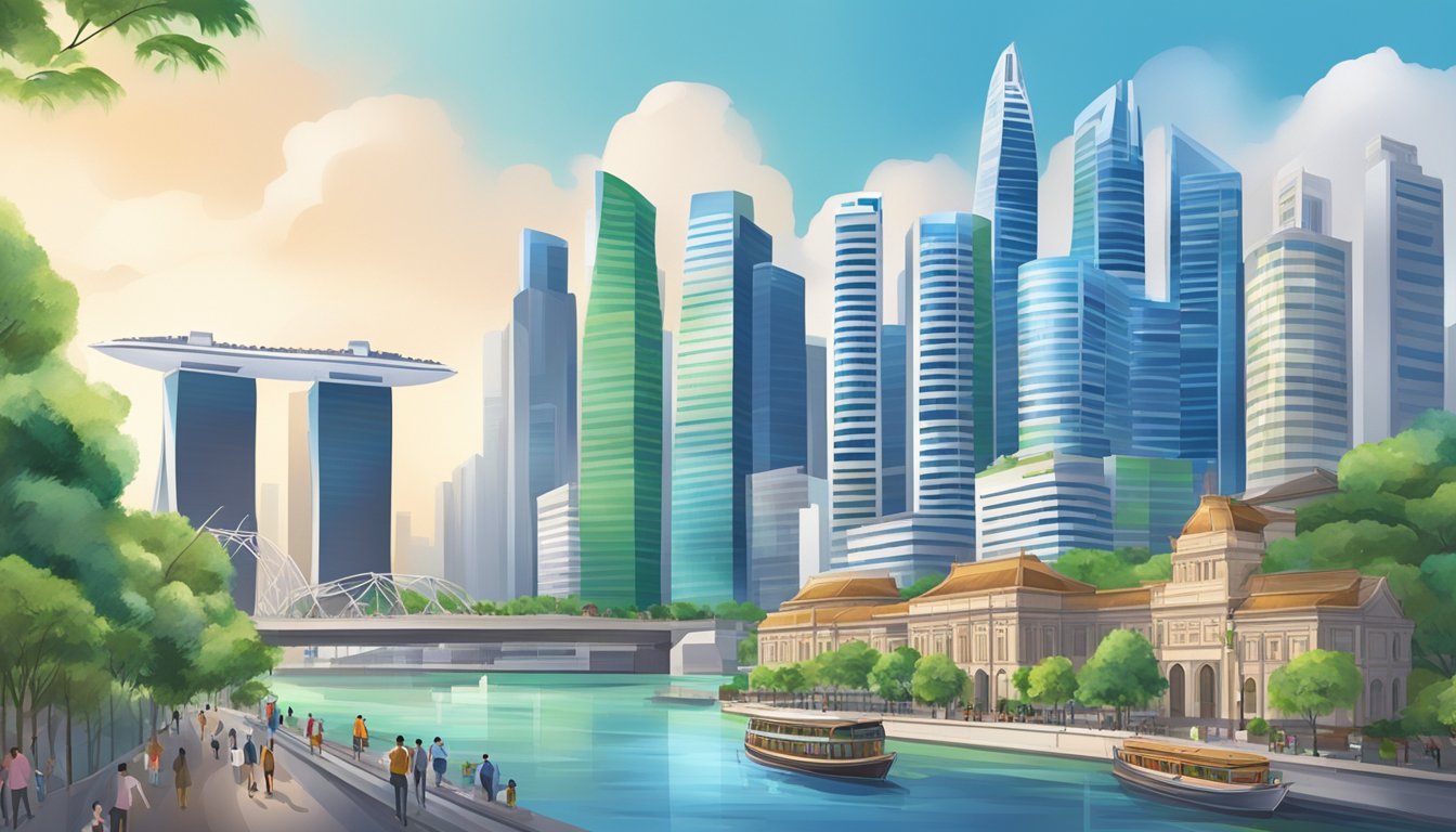 A bustling Singapore cityscape with a prominent Standard Chartered bank branch, contrasting the benefits and drawbacks of the Bonus$aver account