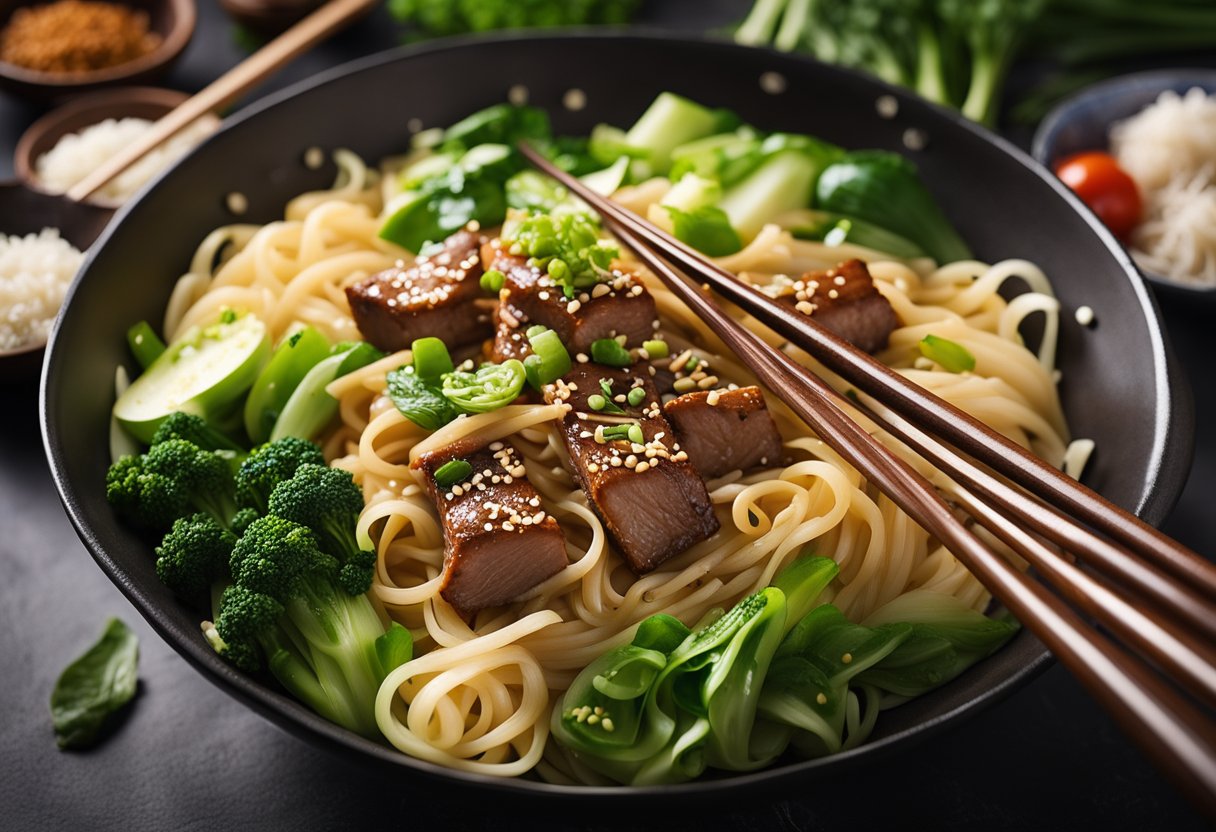 A pair of chopsticks twirls fresh, hand-pulled Chinese noodles in a steaming wok, surrounded by vibrant ingredients like bok choy, scallions, and slices of marinated meat