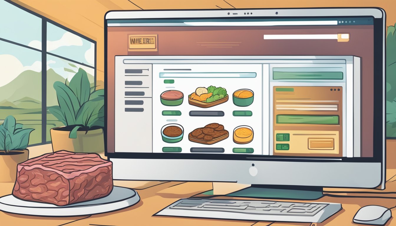 A computer with an open web browser displaying a website with options to buy ground beef online
