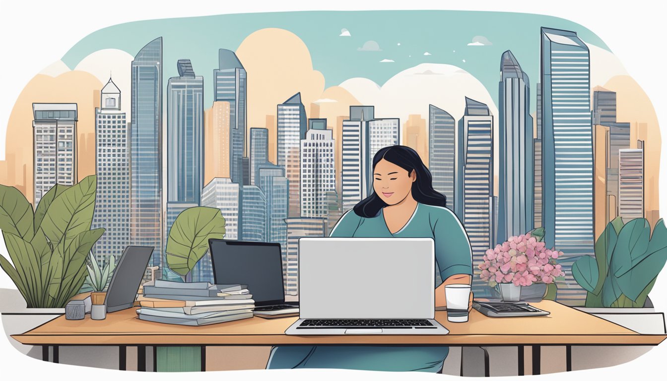 A laptop displaying a variety of stylish plus-size clothing options, with a Singaporean skyline in the background