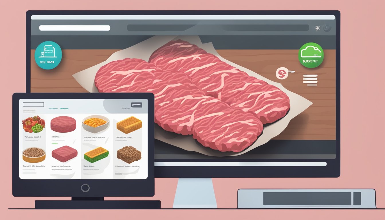 A computer screen displaying various packages of ground beef, with a "buy now" button highlighted