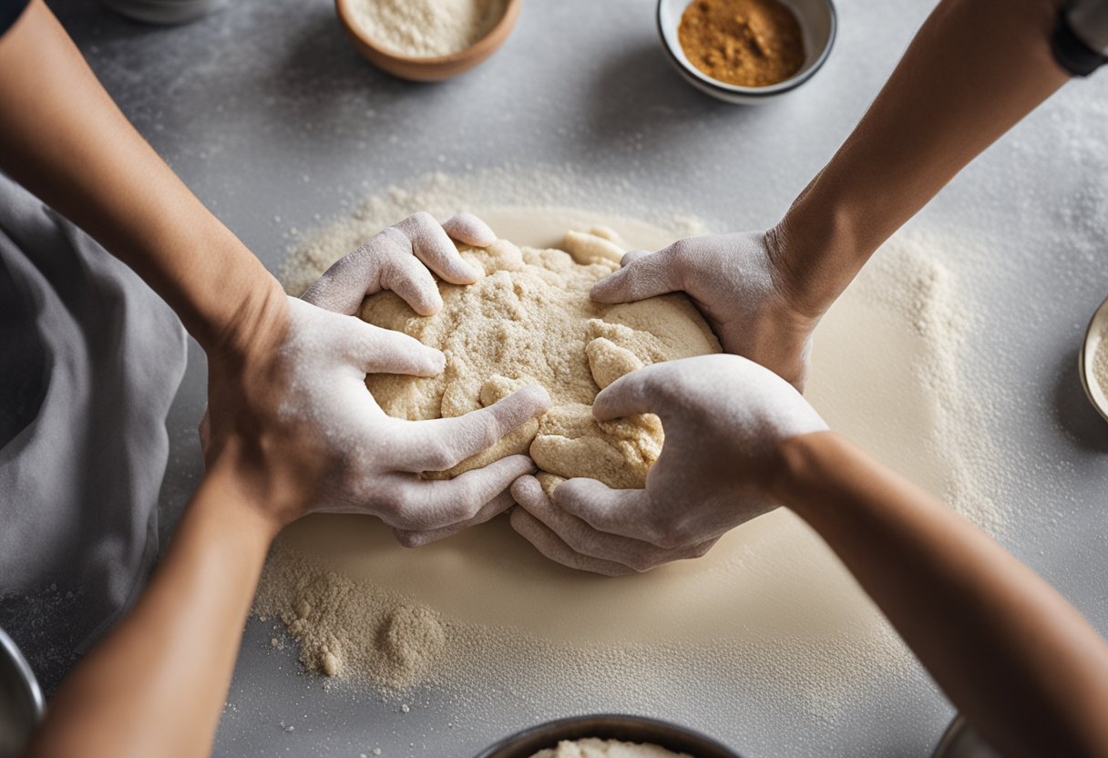 A pair of hands kneading dough on a floured surface, rolling and stretching it into thin, long strands. Ingredients and utensils scattered around