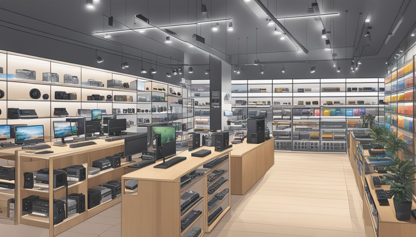 A bustling electronics store in Singapore showcases shelves stocked with beyerdynamic headphones and audio equipment. Bright lighting and sleek displays highlight the brand's products