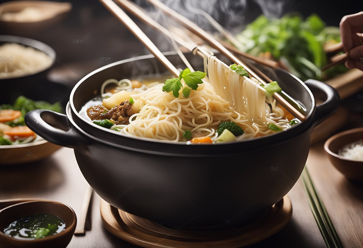 A pair of chopsticks lifting steaming noodles from a wok, while a bowl of savory broth and fresh ingredients sit nearby