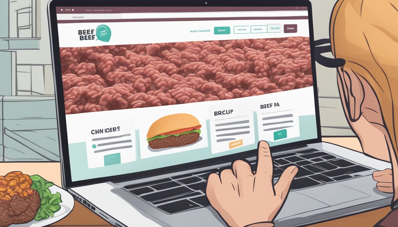 Customers browsing a variety of ground beef packages online, with FAQ section visible on the screen
