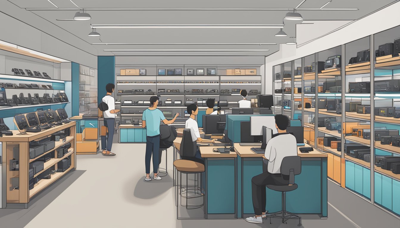 A bustling electronics store in Singapore, with shelves stocked with beyerdynamic headphones. Customers inquire about the products at the counter