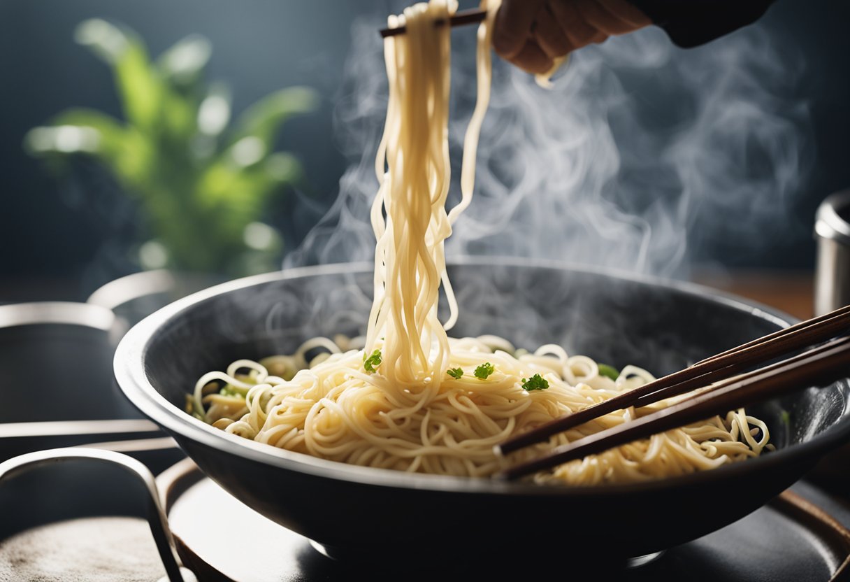 Steam rises from a pot of boiling water. A pair of chopsticks hovers over a bowl of freshly made Chinese noodles, ready to be mixed with a savory homemade sauce