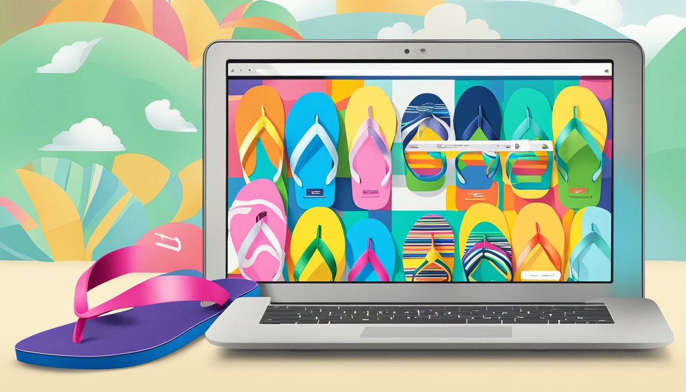 A computer screen displaying the Havaianas website with various styles and colors of flip-flops. The cursor hovers over the "buy now" button