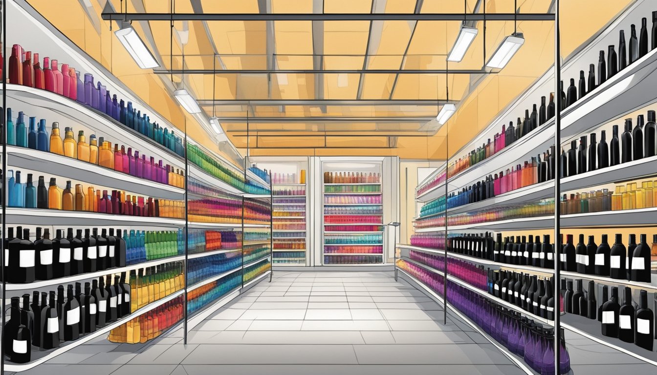 Black dye bottles arranged on shelves in a vibrant Singapore fabric store