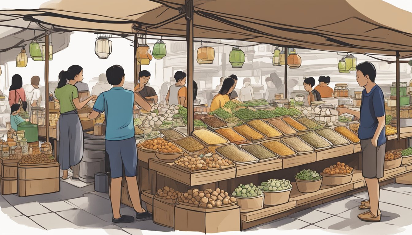 A bustling market stall displays jars of tahini in Singapore. Shoppers browse the selection, while the vendor stands ready to assist
