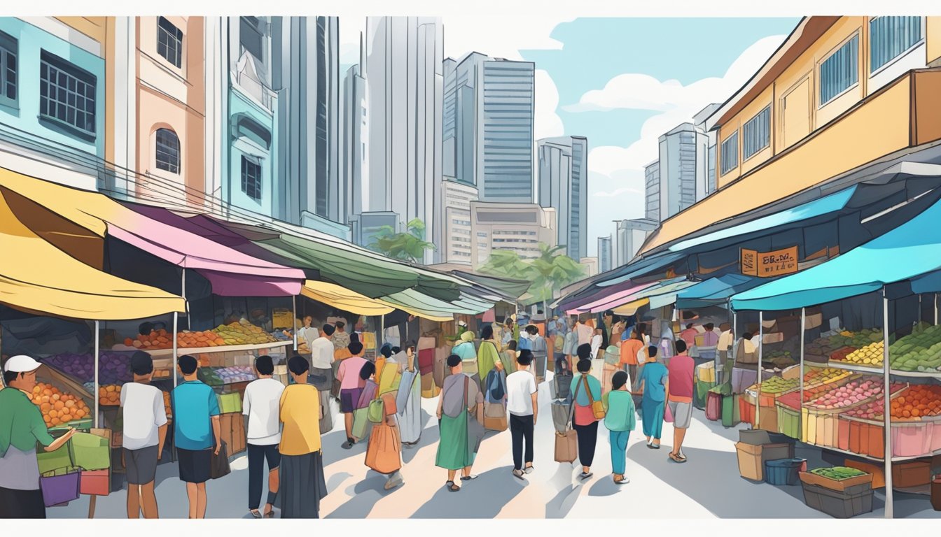 A bustling street market in Singapore with colorful stalls selling affordable curtains